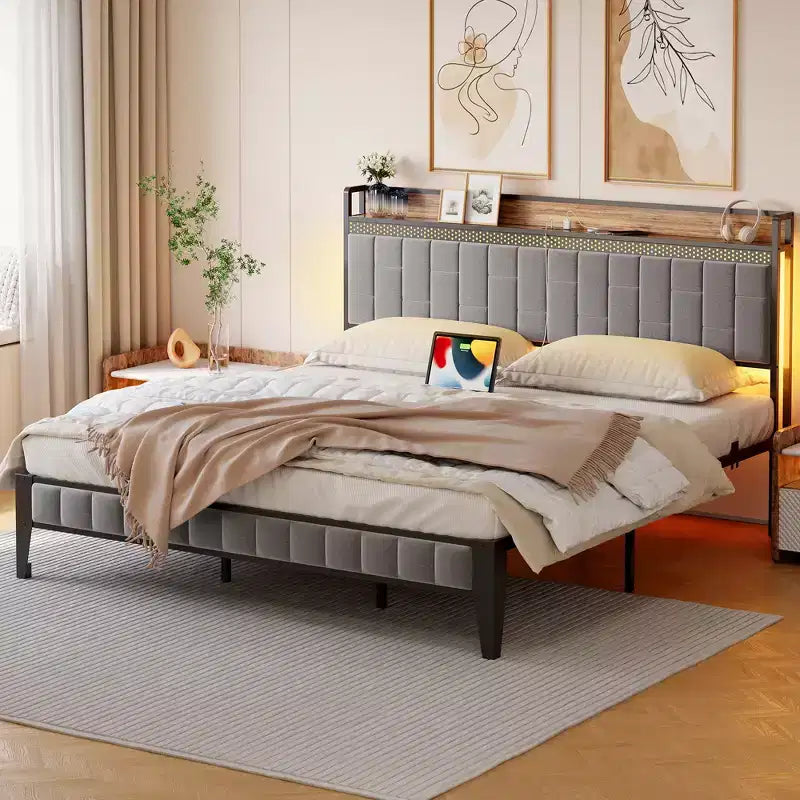 CuisinSmart Bed Frame with Storage Headboard, LED Platform Bed Frame with Charging Station, No Spring Box Need, Easy Assembly, Grey