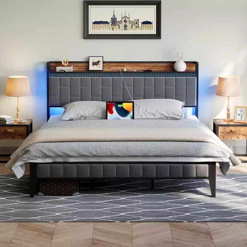CuisinSmart Bed Frame with Storage Headboard, LED Platform Bed Frame with Charging Station, No Spring Box Need, Easy Assembly, Grey