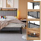 CuisinSmart Bed Frame with Storage Headboard, LED Platform Bed Frame with Charging Station, No Spring Box Need, Easy Assembly, Grey