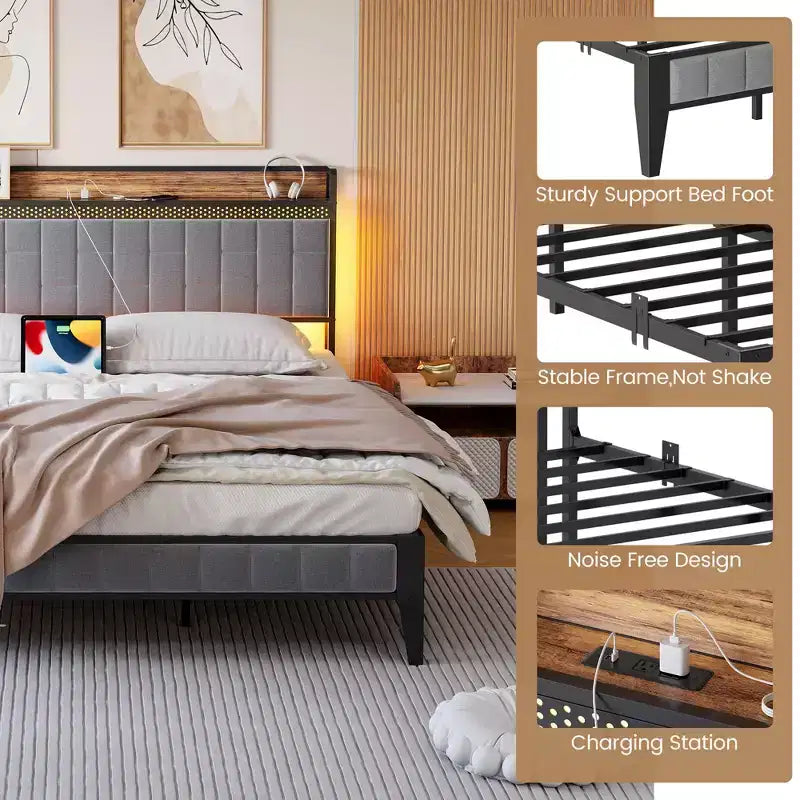 CuisinSmart Bed Frame with Storage Headboard, LED Platform Bed Frame with Charging Station, No Spring Box Need, Easy Assembly, Grey