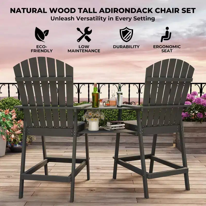 Sgabelli Alti da Bar Adirondack da Esterno con Vassoio Connettore, Sedia da Bar in Legno Naturale con Schienale Alto per Terrazzo, Balcone