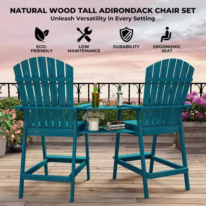 Sgabelli Alti da Bar Adirondack da Esterno con Vassoio Connettore, Sedia da Bar in Legno Naturale con Schienale Alto per Terrazzo, Balcone