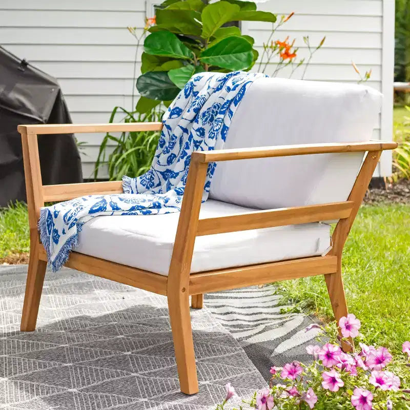 Sunnydaze Bodie, Poltrona da Patio in Legno di Acacia con Cuscini Bianco Osso - Naturale