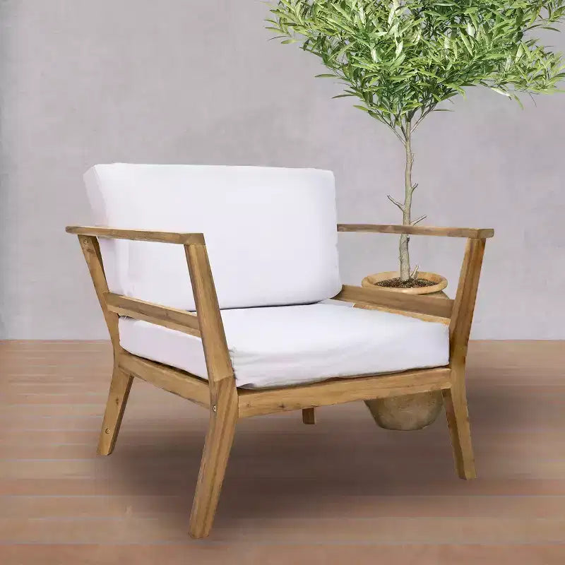 Sunnydaze Bodie, Poltrona da Patio in Legno di Acacia con Cuscini Bianco Osso - Naturale
