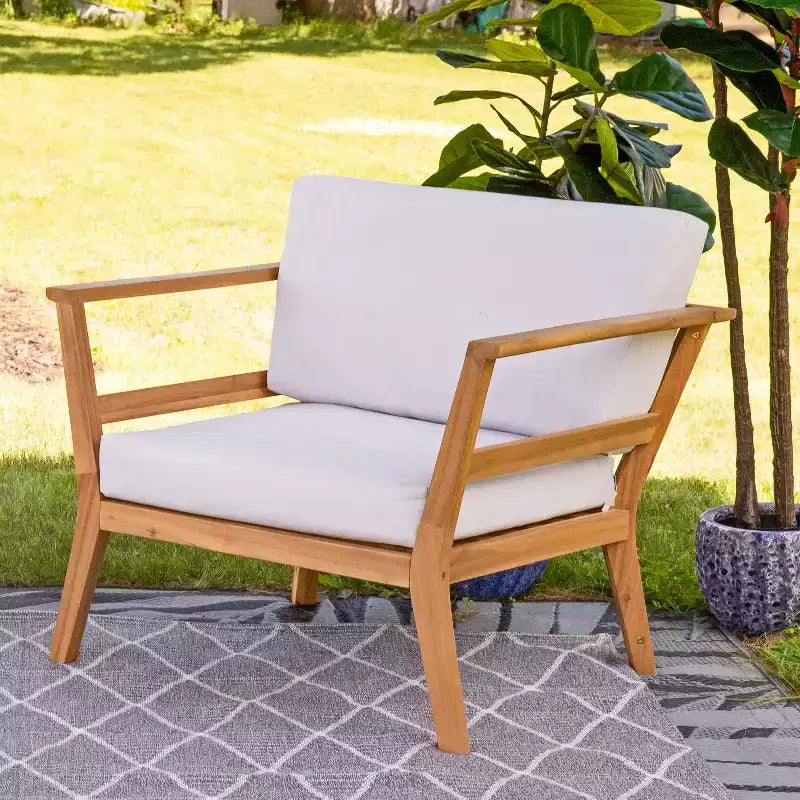 Sunnydaze Bodie, Poltrona da Patio in Legno di Acacia con Cuscini Bianco Osso - Naturale