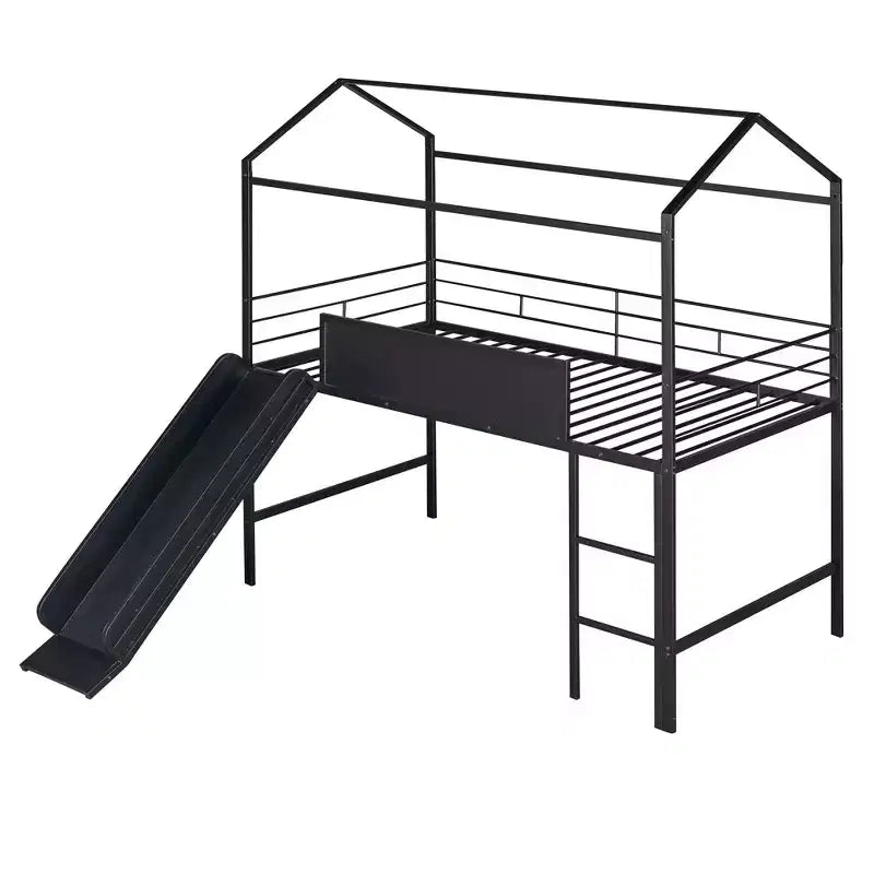 Letto a soppalco in metallo con scivolo, letto a soppalco singolo in metallo con tavola in legno scrivibile su due lati (nero)