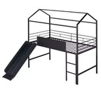 Letto a soppalco in metallo con scivolo, letto a soppalco singolo in metallo con tavola in legno scrivibile su due lati (nero)