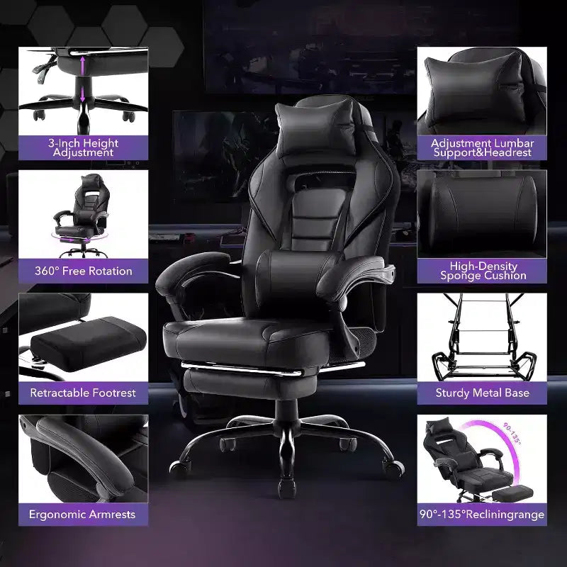 Sedia da gaming girevole a 360°, regolabile in altezza, con poggiapiedi estraibile e supporto lombare ergonomico, in pelle PU, per computer e ufficio, con poggiatesta