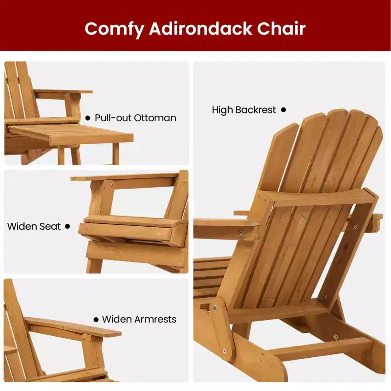 Adirondack Chair, Folding Wooden Outdoor Lounge Accent Chair, 300lb Weight Capacity