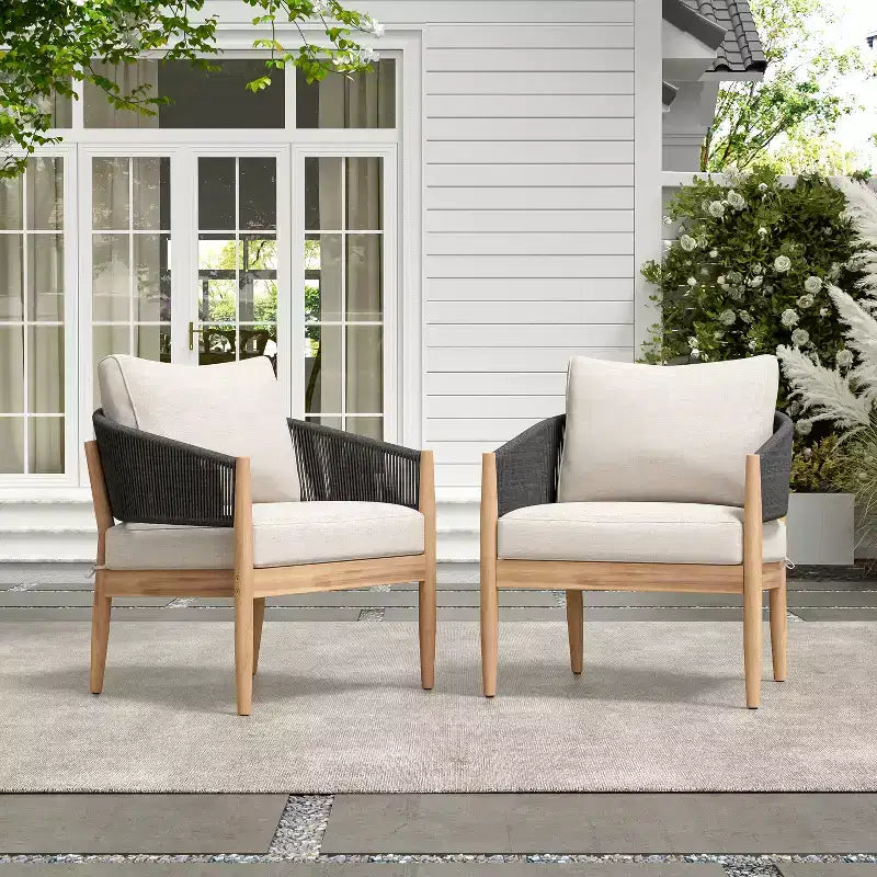 Christopher Knight Home Ryoma, set di 2 sedie a club moderne da esterno in legno di acacia e corda intrecciata con cuscini