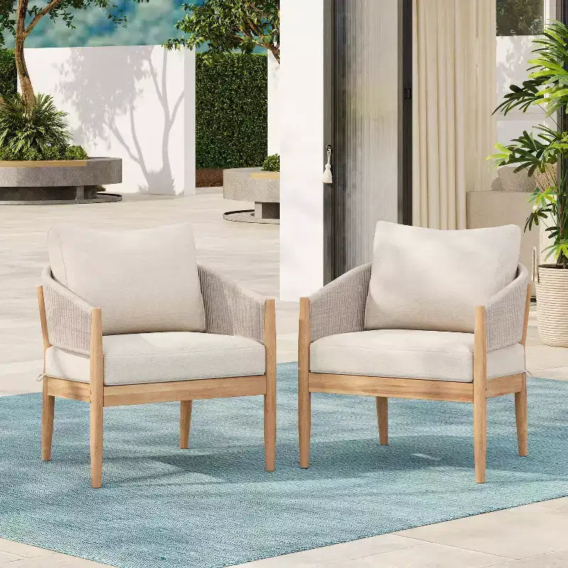 Christopher Knight Home Ryoma, set di 2 sedie a club moderne da esterno in legno di acacia e corda intrecciata con cuscini