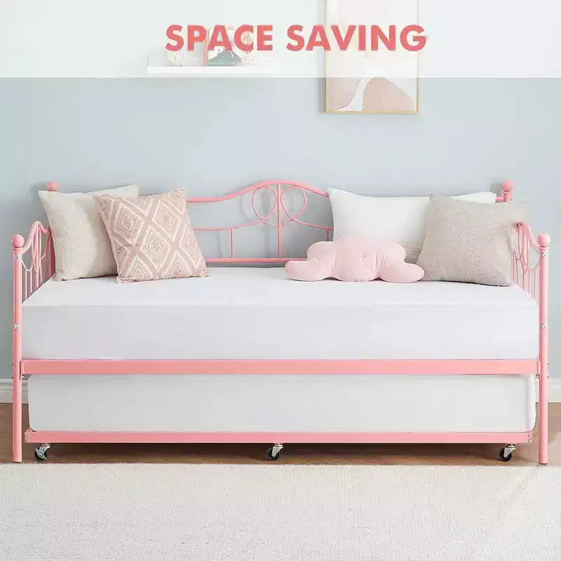 Acekool Twin Metal Daybed with Trundle, Heavy Duty Steel Slats, Headboard, Underbed Storage, Easy Assembly  White