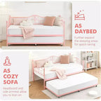 Acekool Twin Metal Daybed with Trundle, Heavy Duty Steel Slats, Headboard, Underbed Storage, Easy Assembly  White