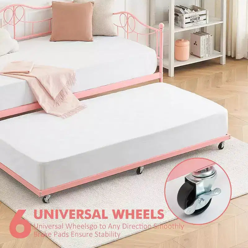 Acekool Twin Metal Daybed with Trundle, Heavy Duty Steel Slats, Headboard, Underbed Storage, Easy Assembly  White