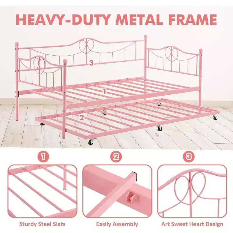 Acekool Twin Metal Daybed with Trundle, Heavy Duty Steel Slats, Headboard, Underbed Storage, Easy Assembly  White