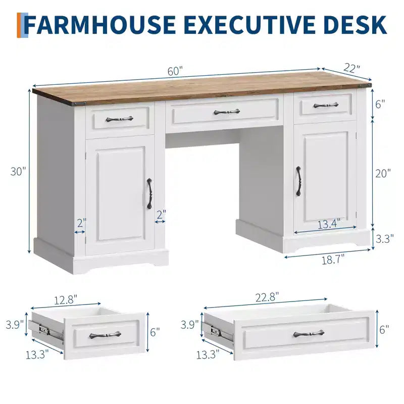 60 Desk with Drawers, Farmhouse Home Office Desk with Storage Cabinets, Wood Workstation Computer Desks for Home, Study, Work