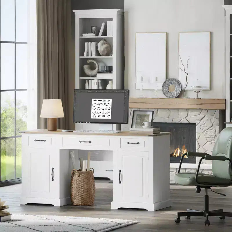 60 Desk with Drawers, Farmhouse Home Office Desk with Storage Cabinets, Wood Workstation Computer Desks for Home, Study, Work