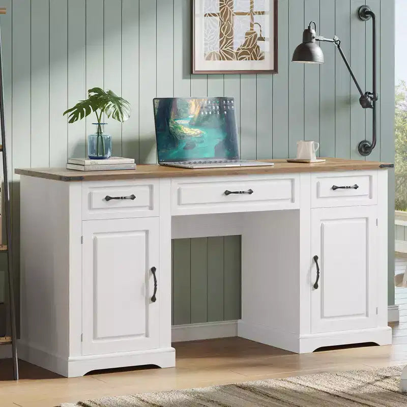 60 Desk with Drawers, Farmhouse Home Office Desk with Storage Cabinets, Wood Workstation Computer Desks for Home, Study, Work