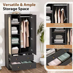 VINGLI Armadietto con ante, Armadio guardaroba in rattan con cassetti e asta appendiabiti, Armadio con ripiani, Guardaroba in legno