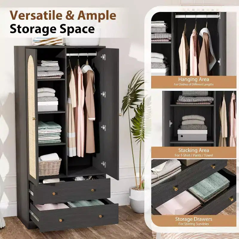 VINGLI Armadietto con ante, Armadio guardaroba in rattan con cassetti e asta appendiabiti, Armadio con ripiani, Guardaroba in legno