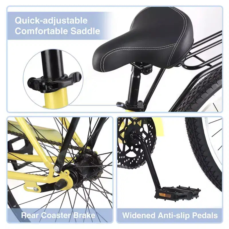 NAYSAYE Bicicletta Beach Cruiser, ruote da 26 pollici, 7 velocità, freno a V, sella comoda, bici da crociera classica retrò, bici da pendolare per donne, uomini, anziani