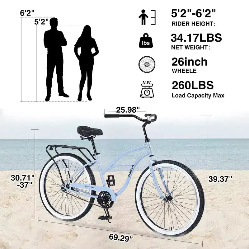 NAYSAYE Bicicletta Beach Cruiser, ruote da 26 pollici, 7 velocità, freno a V, sella comoda, bici da crociera classica retrò, bici da pendolare per donne, uomini, anziani
