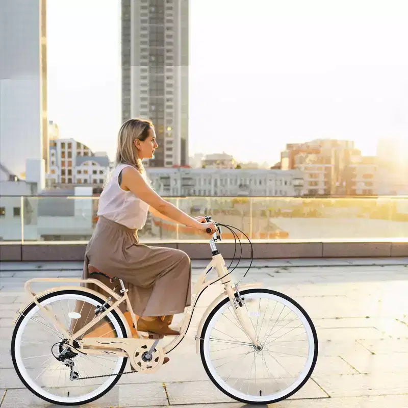 NAYSAYE Bicicletta da donna 7 velocità con telaio in acciaio da 24 pollici per pendolarismo e tempo libero, per giri urbani, beige, 62,2*23,62*40,16