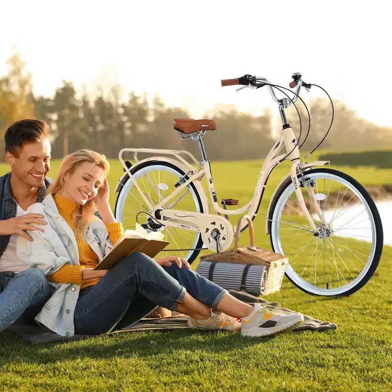 NAYSAYE Bicicletta da donna 7 velocità con telaio in acciaio da 24 pollici per pendolarismo e tempo libero, per giri urbani, beige, 62,2*23,62*40,16