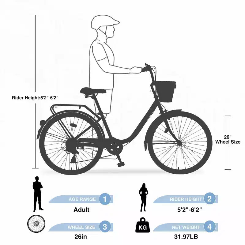 NAYSAYE Bicicletta City Bike a 7 velocità con Cestino, Telaio in Acciaio, per Ragazze per Pendolarismo e Tempo Libero, Blu, 66.93*24.8*41.34