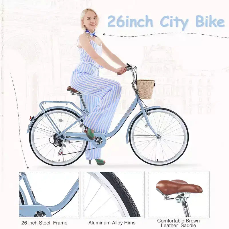 NAYSAYE Bicicletta City Bike a 7 velocità con Cestino, Telaio in Acciaio, per Ragazze per Pendolarismo e Tempo Libero, Blu, 66.93*24.8*41.34