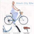 NAYSAYE Bicicletta City Bike a 7 velocità con Cestino, Telaio in Acciaio, per Ragazze per Pendolarismo e Tempo Libero, Blu, 66.93*24.8*41.34