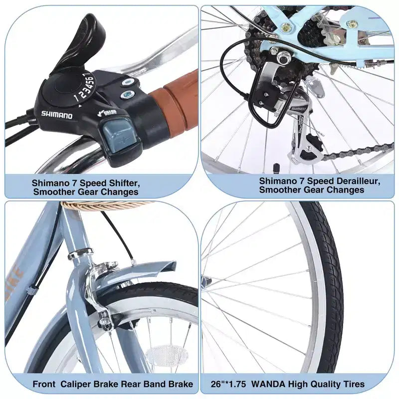 NAYSAYE Bicicletta City Bike a 7 velocità con Cestino, Telaio in Acciaio, per Ragazze per Pendolarismo e Tempo Libero, Blu, 66.93*24.8*41.34