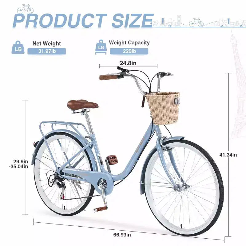 NAYSAYE Bicicletta City Bike a 7 velocità con Cestino, Telaio in Acciaio, per Ragazze per Pendolarismo e Tempo Libero, Blu, 66.93*24.8*41.34