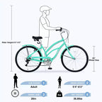 NAYSAYE Bicicletta da Spiaggia da 26 Pollici per Adulti, Bici da Pendolare a 7 velocità con Telaio in Acciaio per Donne per Corse Confortevoli, Verde Menta, 69.6*28.5*40.5