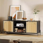 GustoWave 65 Media Console Cabinet, Rattan TV Stand with 2 Doors & Open Shelves for 60-75 Inch TVs
