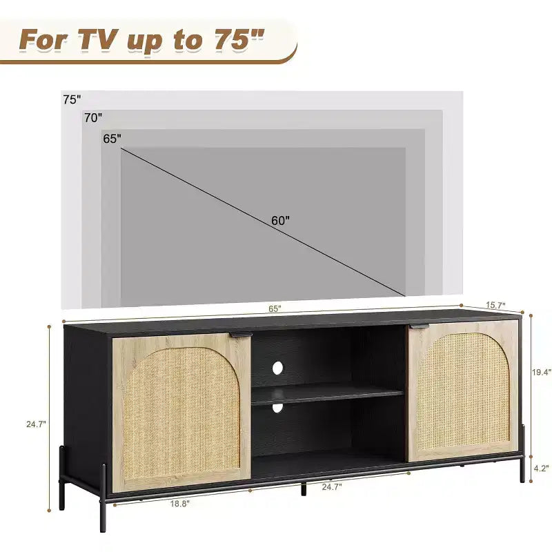 Mobile Consolle Multimediale GustoWave 65, Porta TV in Rattan con 2 Ante e Ripiani Aperti per TV da 60-75 Pollici