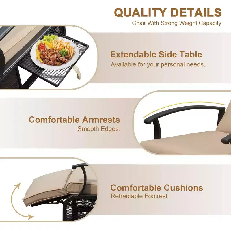 CLIHOME Adjustable Outdoor Patio Lounge Chair,with Flip Table Push Back & Removable Cushions