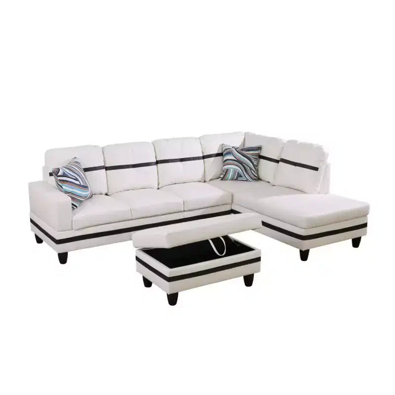 Divano componibile in similpelle semi-PU bianco e nero - Design moderno a L, cuscini trapuntati, pouf contenitore, arredamento chic per la casa