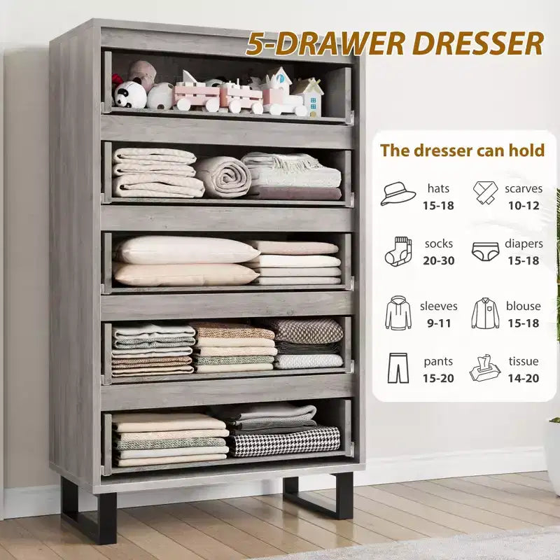 Freestanding Elegant Tall Storage Dressers with 5 Ample Drawer Space