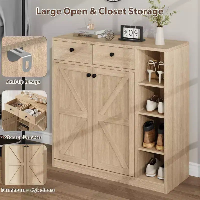 GustoWave Shoe Storage Cabinet with Doors and Drawers, 42'' Tall Shoe Cabinet with 3 Adjustable Shelves, 4-Tier Shoes Rack Organizer Cabinet