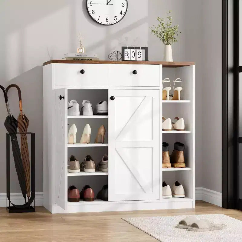 GustoWave Scarpiera a 4 Ripiani con Ante e Cassetti, Scarpiera Alta 107 cm con 3 Ripiani Regolabili, Mobile Scarpiera Organizer