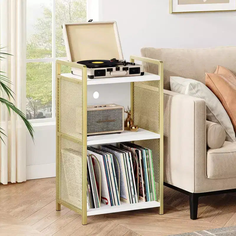 TROPOW Record Player Stand with Storage, Wooden Turntable Stand with Mesh Gold Metal Side, 3-Tier Golden Record Player Side Table