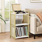 TROPOW Record Player Stand with Storage, Wooden Turntable Stand with Mesh Gold Metal Side, 3-Tier Golden Record Player Side Table