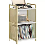 TROPOW Record Player Stand with Storage, Wooden Turntable Stand with Mesh Gold Metal Side, 3-Tier Golden Record Player Side Table
