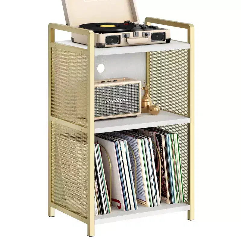 TROPOW Record Player Stand with Storage, Wooden Turntable Stand with Mesh Gold Metal Side, 3-Tier Golden Record Player Side Table