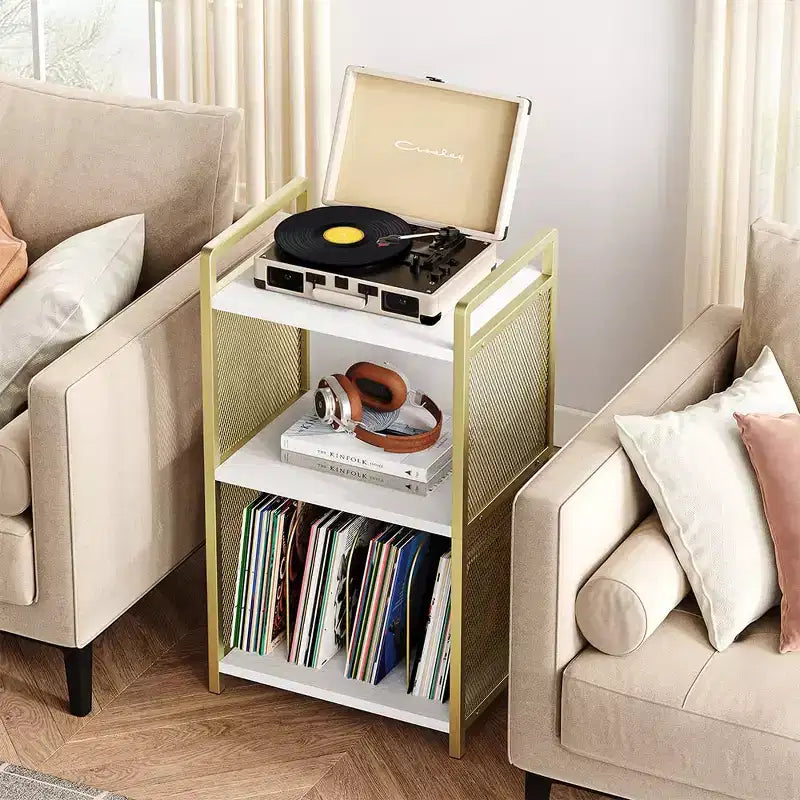 TROPOW Record Player Stand with Storage, Wooden Turntable Stand with Mesh Gold Metal Side, 3-Tier Golden Record Player Side Table