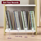 TROPOW Record Player Stand with Storage, Wooden Turntable Stand with Mesh Gold Metal Side, 3-Tier Golden Record Player Side Table