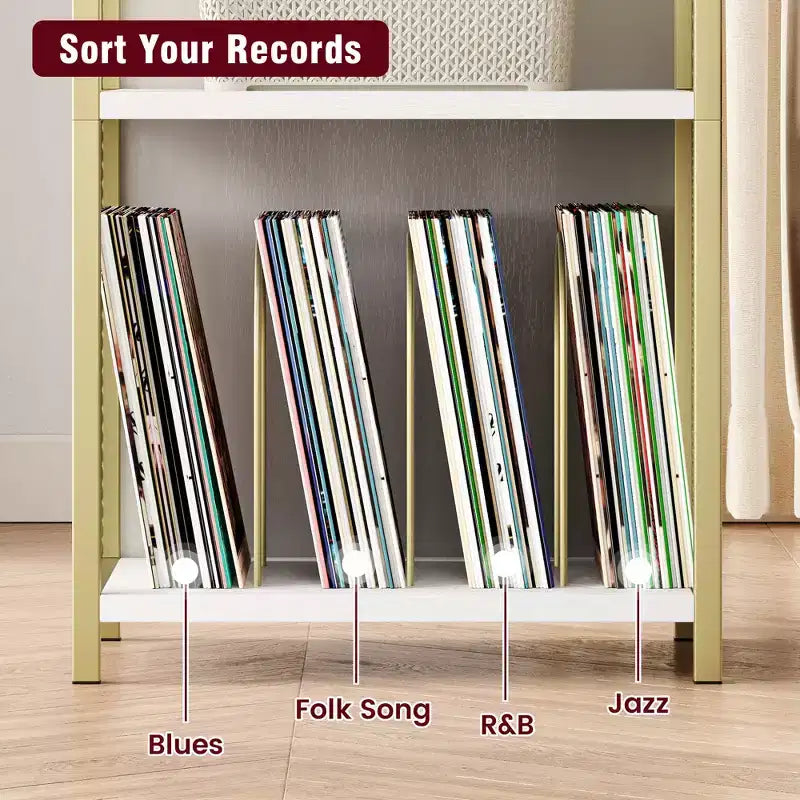 TROPOW Record Player Stand with Storage, Wooden Turntable Stand with Mesh Gold Metal Side, 3-Tier Golden Record Player Side Table