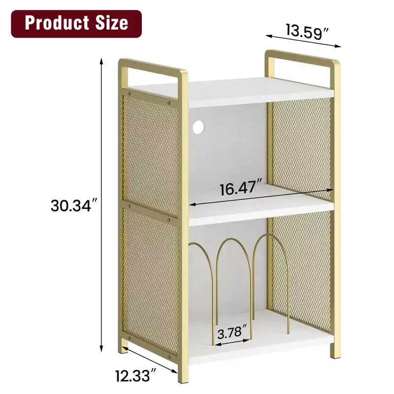 TROPOW Record Player Stand with Storage, Wooden Turntable Stand with Mesh Gold Metal Side, 3-Tier Golden Record Player Side Table