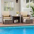 Set da conversazione per patio a 5 pezzi con schienale alto e 2 pouf e tavolo, sedie lounge in rattan PE resistente alle intemperie con morbidi cuscini